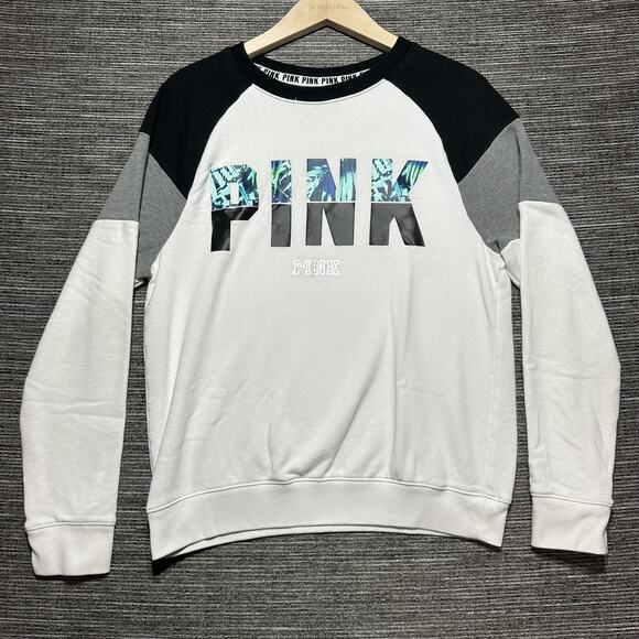 PINK Victoria Secret Sweatshirt Women's Small White Black Hawaiian Palms Aloha - Picture 1 of 15